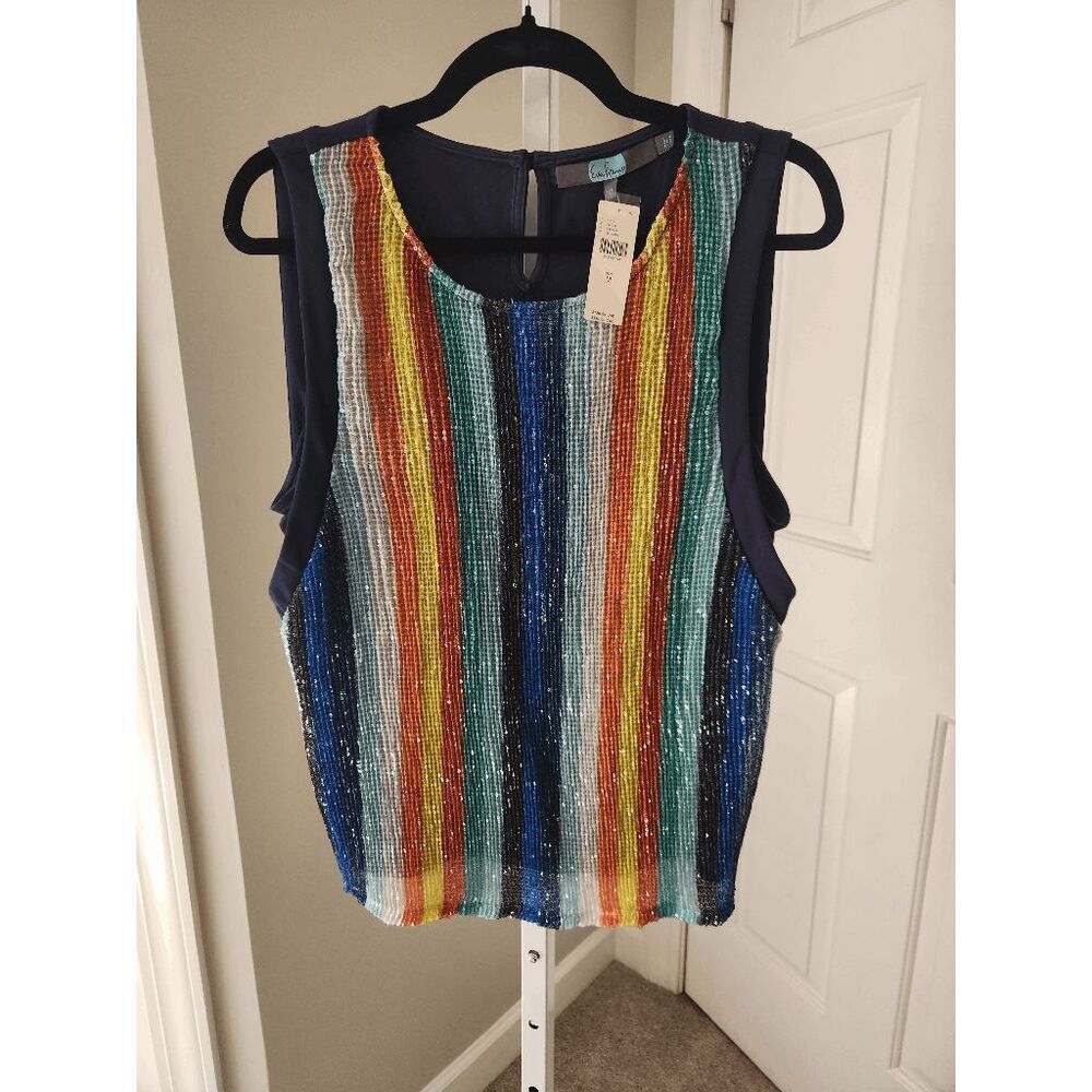 Eva Franco Coconinno Rainbow Sequin Stripe Keyhole Sleeveless Top - Medium - Picture 3 of 9